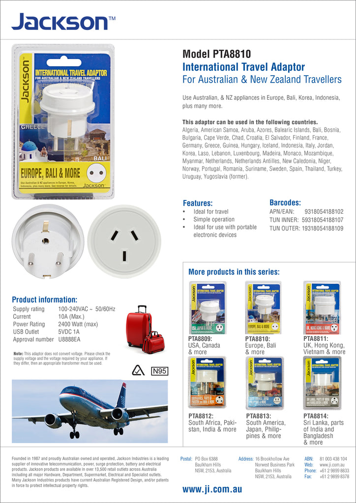 Travel Adapter (Europe/Bali Plug) with NZ Socket Orange Direct (NZ)