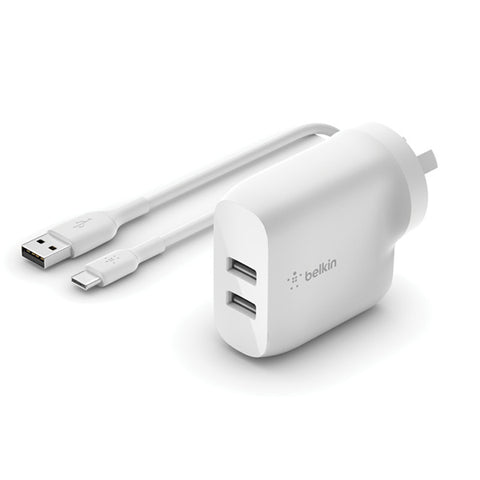 Belkin USB-A 24W Dual Power Adapter (White) 2x 12W/2.4A USB-A Ports & USB-A to USB-C 1M Cable